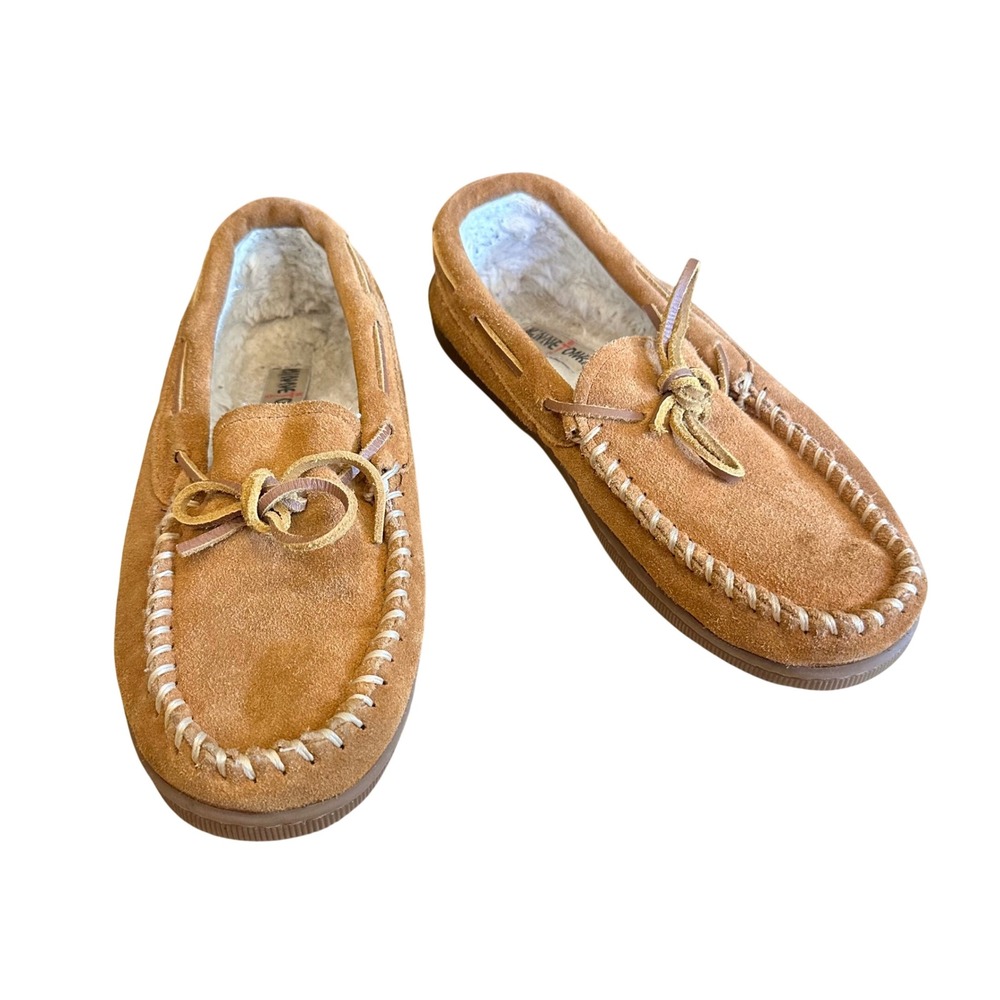 Minnetonka Cally Suede Moccasin‎ Slippers Faux Fur Lined Tan Brown Mens 9M Cozy
